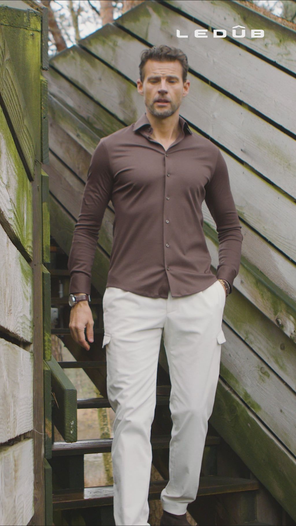 Donkerbruin modern fit luxury knit overhemd