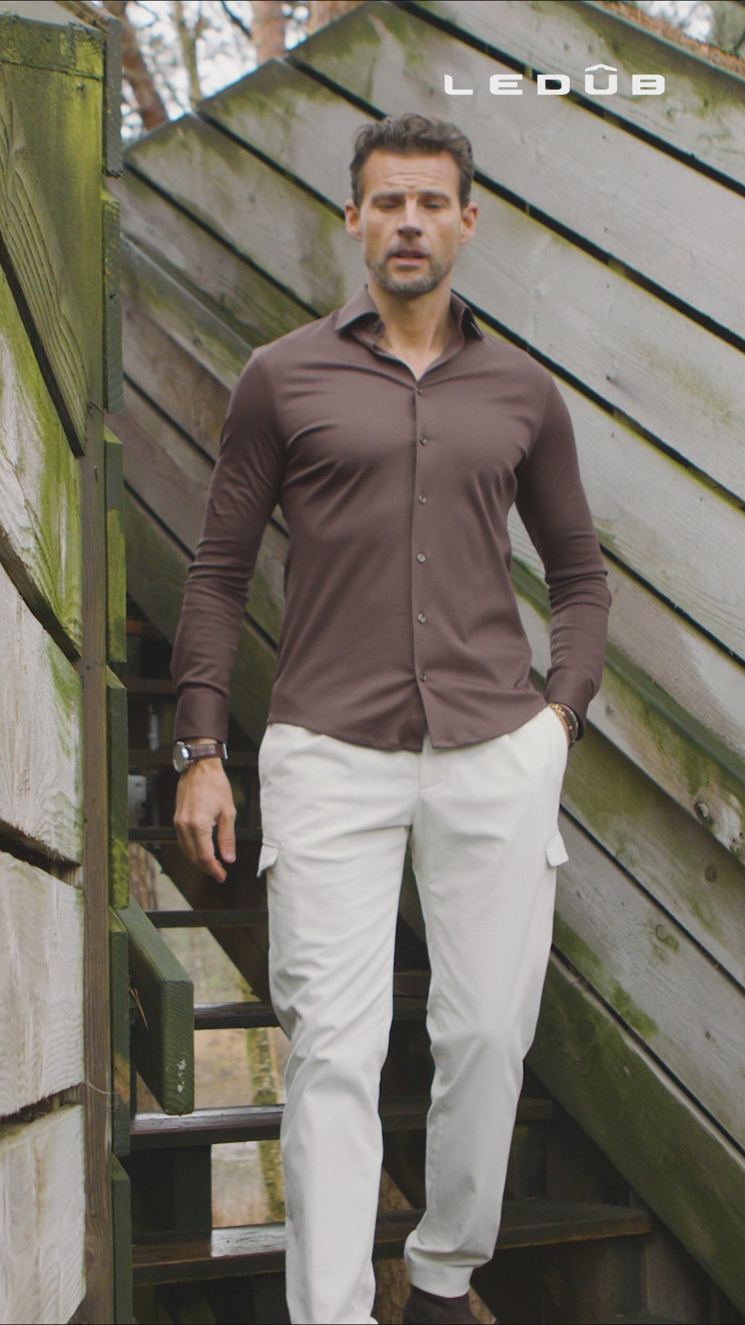 Donkerbruin modern fit luxury knit overhemd