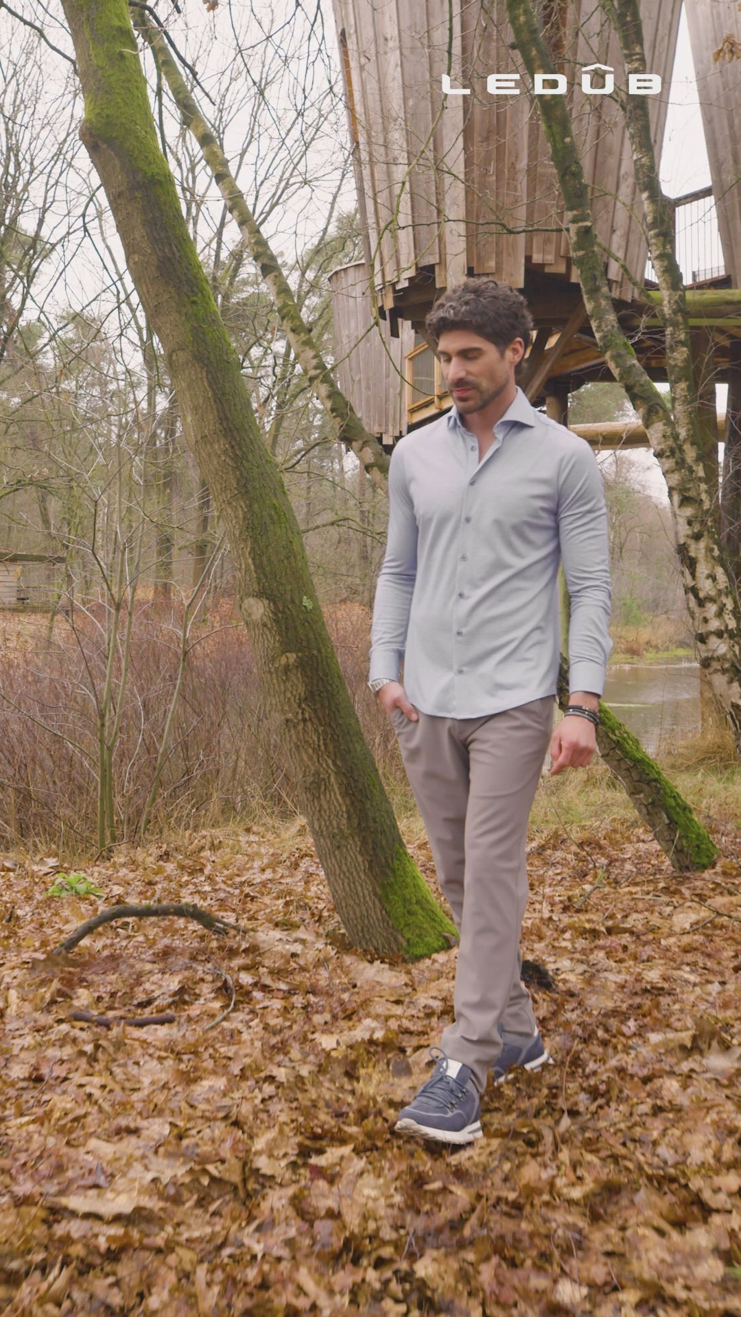 Lichtblauw print modern fit  jersey overhemd
